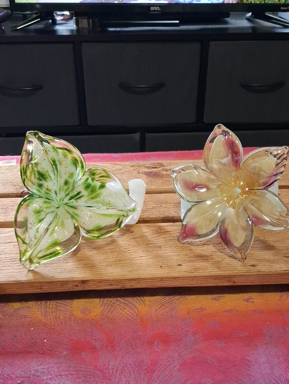 Murano  Glass Flower - Green and Pink/Yellow Decorative Art